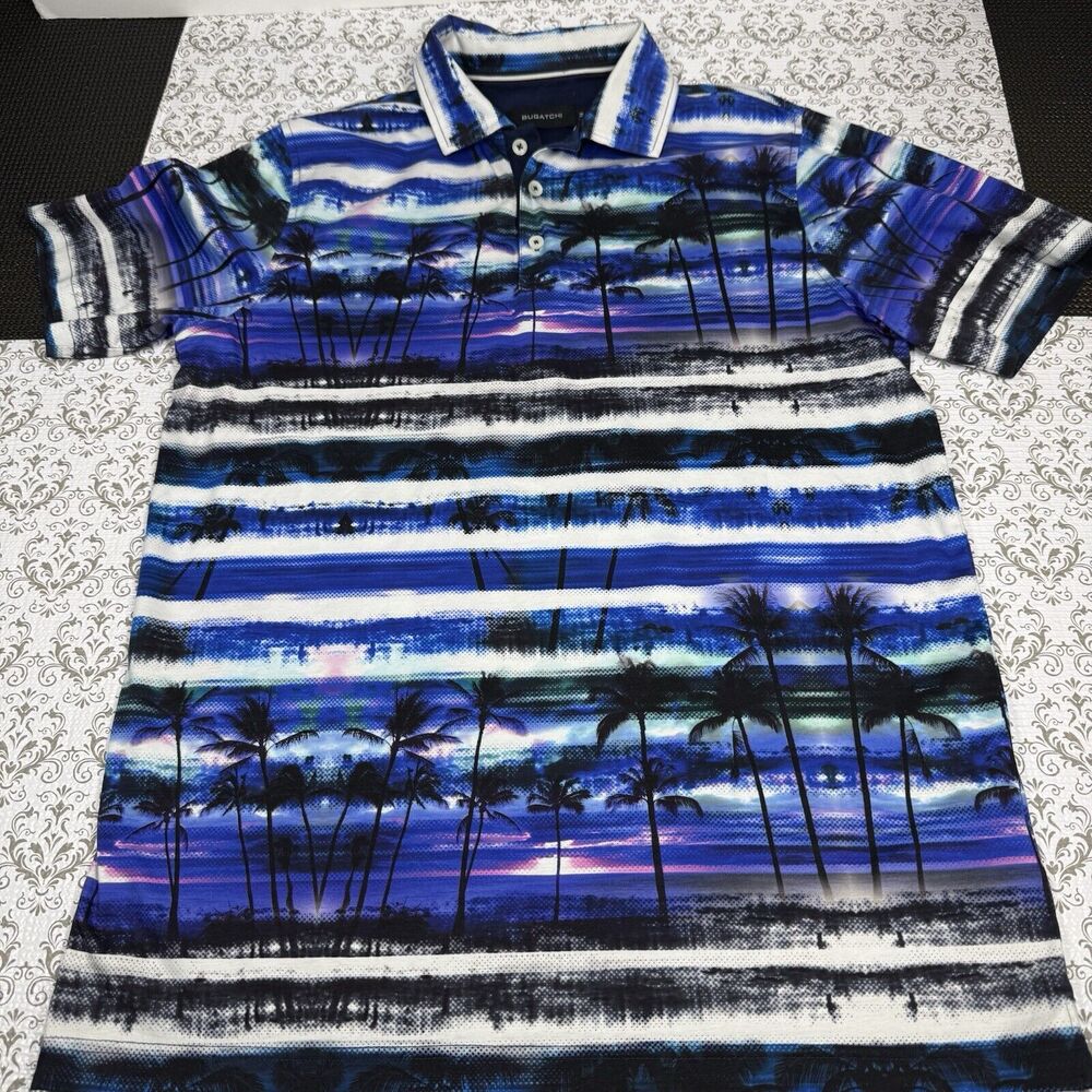 Bugatchi Mens Polo Shirt Medium Blue Tropical Palm Tree Mercerized Cotton Print